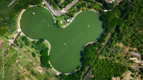 Obraz na płótnie Heart shaped green water pond surrounded by dense forest trees nature aerial landscape