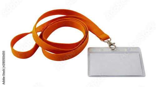 Foto Orange lanyard with a clear plastic id badge holder for events isolated on trans