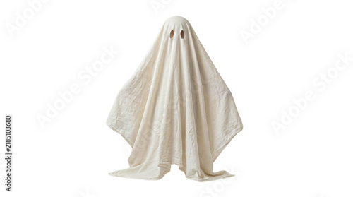 Fotografie Person wearing a white sheet like a scary ghost for halloween isolated on transp