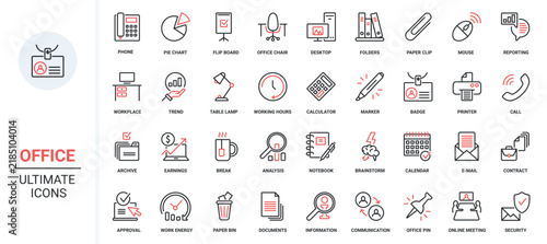 Vector illustration trendy red black thin line icons set office communication documents, including working team symbols, finance trend analysis pie chart report, brainstorm, planning, business meeting