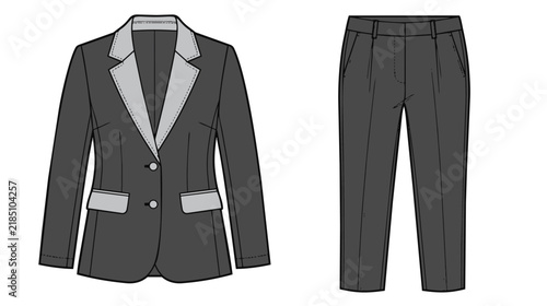Female Blazer Jacket Fashion CAD Vector Icon Collection, Precise Two-Tone Technical Drafting Style