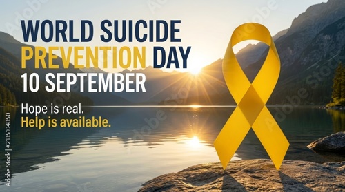 World Suicide Prevention Day Yellow Ribbon with Peaceful Mountain Lake at Sunrise