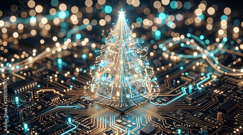Futuristic digital Christmas tree made of glowing circuit board traces and lights on a computer motherboard