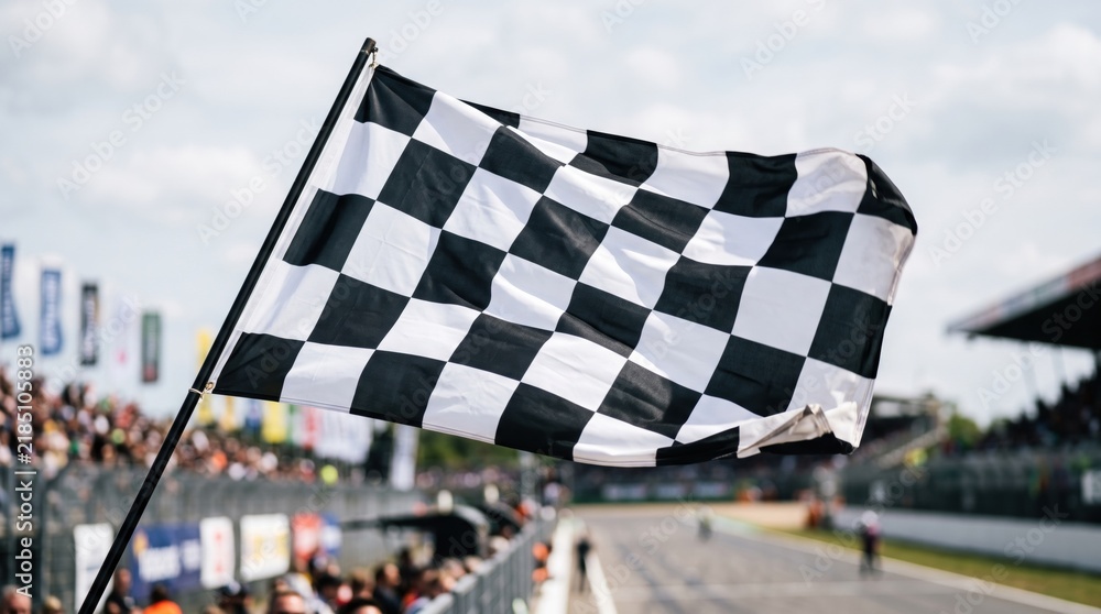 Fototapeta premium Checkered racing flag waving on a professional motorsport track with blurred grandstands and cars in the background