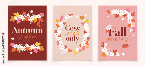 A set of autumn cards featuring floral and botanical motifs in warm pastel and burgundy tones.