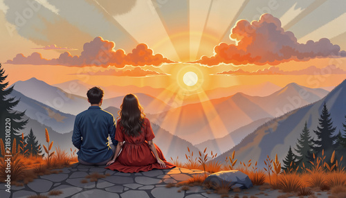 Couple watching sunset together on a mountain top with colorful sky  