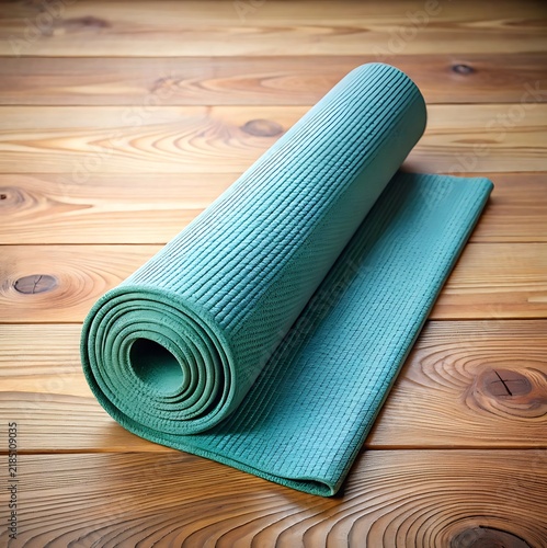 Rolled Up Teal Yoga Mat Resting on a Rustic Natural Wooden Plank Background fitness