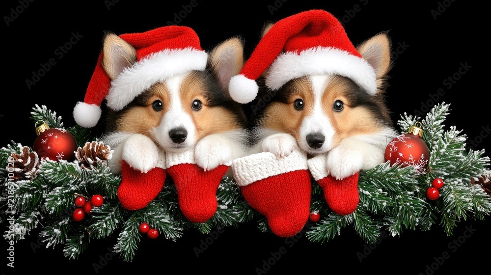 Obraz premium Two cheerful Shetland Sheepdogs in Christmas hats holding stockings against a festive black background filled with holiday decorations