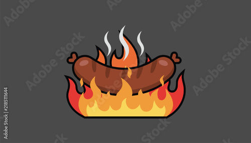 Grilled sausage sizzling over hot red and yellow flames is shown in a cartoon vector illustration against a solid dark gray background.