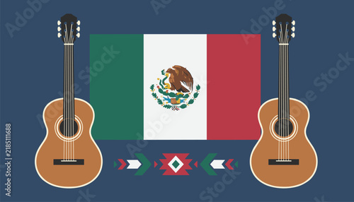 Mexican flag flanked by two classical guitars and a traditional geometric pattern celebrates national culture and music.