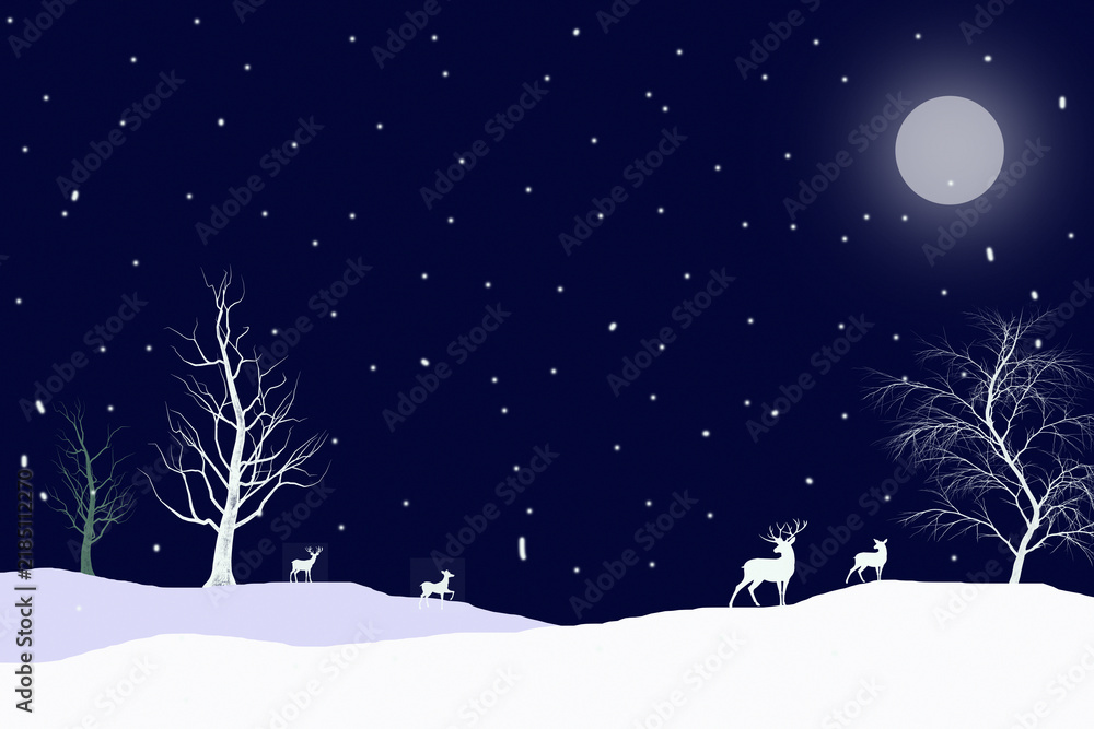 Fototapeta premium Magical Christmas winter landscape with deer silhouettes, snowy hills, bare trees, falling snow and full moon under a starry night sky.
