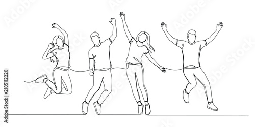 Group of happy young people jumping and celebrating together in a fun and energetic way with arms raised high in the air showing excitement and success in a simple hand drawn sketch style