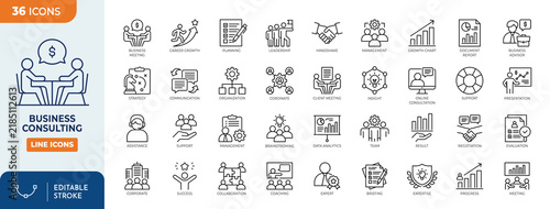 Business consulting icon set. Containing business, consulting, advisor, planning, analysis, meeting, discussion, solution, and more. editable stroke. Vector illustration