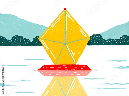 Stylized Drawing of a Yellow Geometric Shape Floating on Water with Mountains illustration