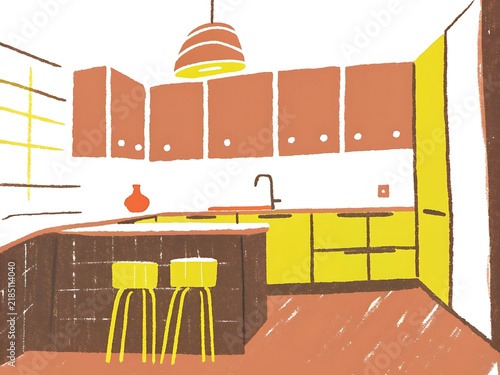 Stylized Kitchen Illustration Featuring Brown Cabinets and Yellow Lower Cupboards