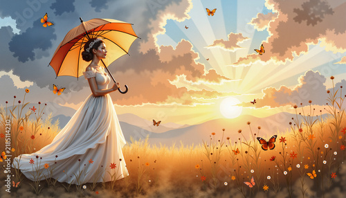 Young woman in white dress holding an umbrella in a sunset field  