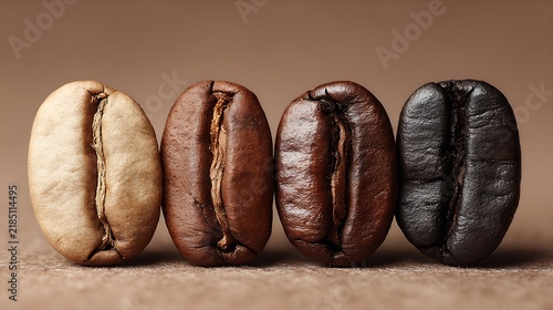 Four roasted coffee beans with different roast levels