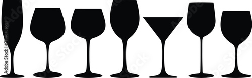 Принти на полотні Black wine glass vector silhouettes featuring champagne flute martini glass goblet and stemware shapes isolated on clean white background