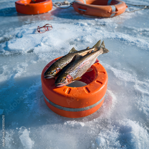 Fresh caught fish on an orange ice fishing tip-up surrounded by snow and ice on a frozen lake, winter fishing concept