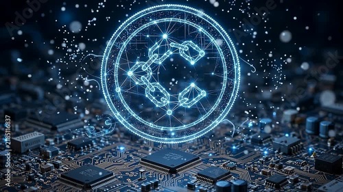 Cryptocurrency blockchain network symbol glowing over circuit board background concept