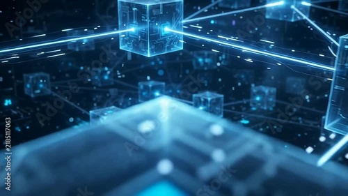 Blockchain network digital cryptocurrency concept with glowing cubes connected by light lines in cyberspace