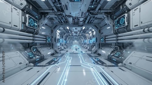 Spaceship corridor interior with futuristic technology and glowing blue light panels inside an advanced spacecraft engineering room for sci-fi concept design