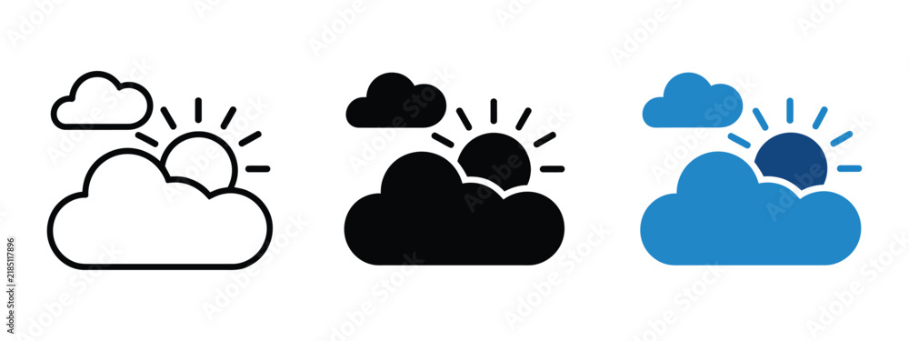 Obraz premium Partly Cloudy Weather Icons, sun behind cloud symbols with light rays illustrating daytime conditions, summer weather forecasts, sunshine, and cloudy skies