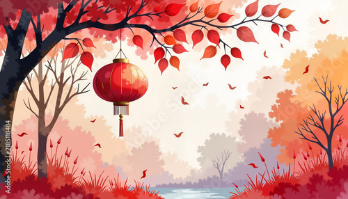 Autumn landscape with red lanterns hanging from vibrant trees  