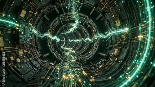 Futuristic cyberpunk tunnel with glowing green data streams and complex machinery in a sci fi cyberspace digital environment