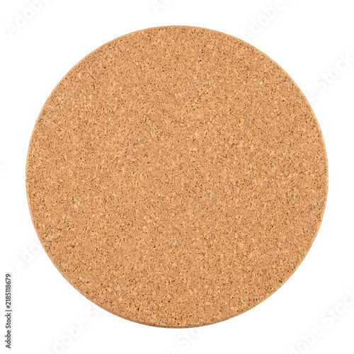 Natural round cork coaster isolated on a white background featuring detailed tan organic texture for modern kitchen bar tabletop protection