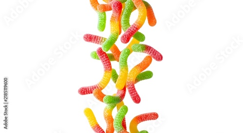 Colorful sour gummy worms candy isolated on white background