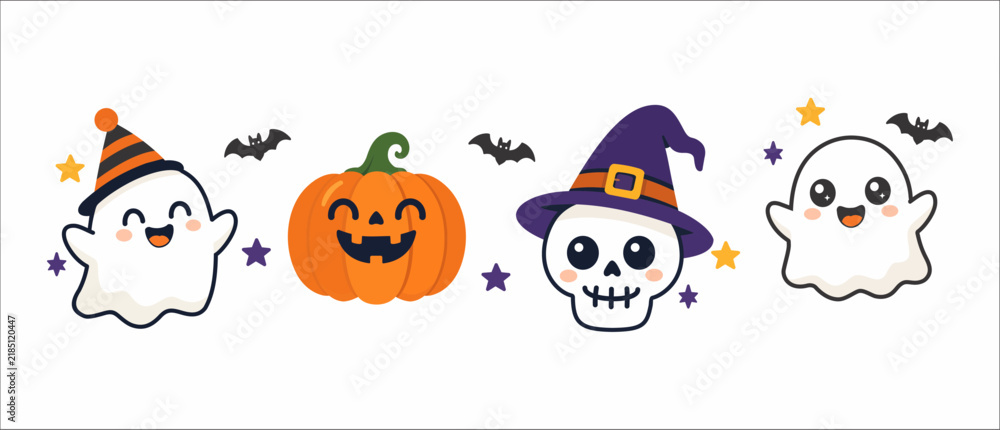 Obraz premium Cute Halloween Ghost Pumpkin and Skeleton Witch Hat Cartoon Vector Set