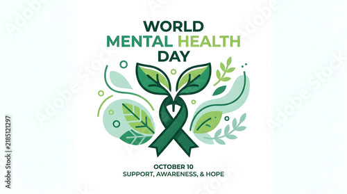 World mental health day illustration with green ribbon and leaves symbols for october