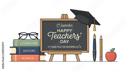 Happy teachers day greeting with chalkboard graduation cap and stack of books school supplies academic