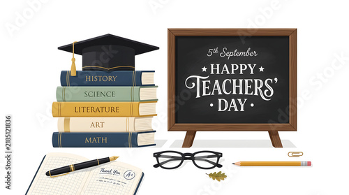 Happy teachers day banner with blackboard graduation cap and academic books school supplies teacher appreci