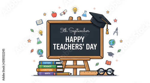 Happy teachers day blackboard with graduation cap and floating school icons teacher appreciation chalkboard