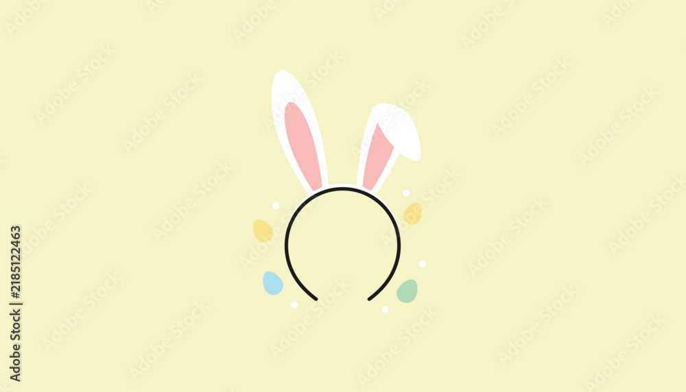 Obraz premium Easter themed illustration with a bunny ear headband and colorful eggs on a soft yellow background for holidays and seasonal greetings.