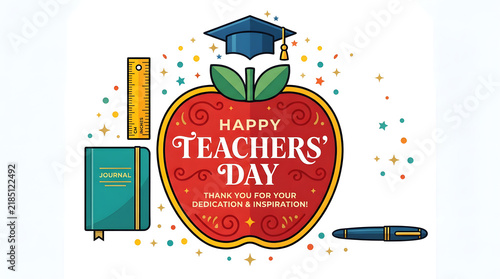 Happy teachers day illustration with red apple graduation cap and school supplies