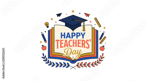 Happy teachers day festive banner with graduation cap and open book school supplies teacher appreciation