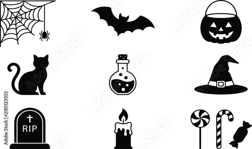 фотографія Minimalist Halloween solid silhouette icon set featuring corner spider web flyin