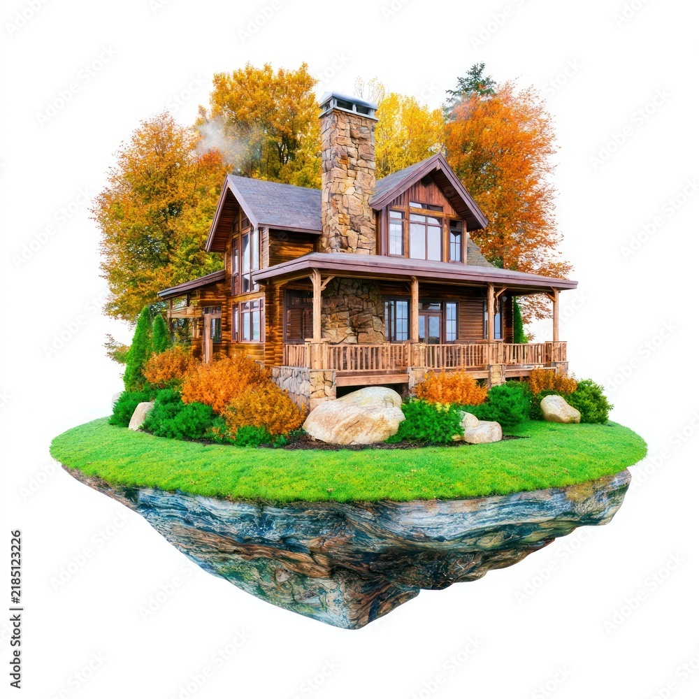 Obraz premium Floating rustic cabin with autumn trees and greenery.