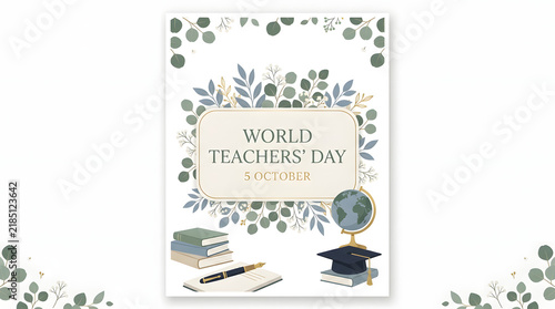 World teachers day vertical banner design with eucalyptus leaves and academic school items