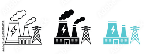 Bild auf Leinwand Power Plant Icons, cooling tower, smoke, and high voltage transmission symbols r