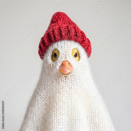 Duck ghost costume close-up with red knit hat, funny animal portrait