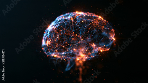 Glowing Digital Brain Made of Connected Nodes and Light on a Dark Background