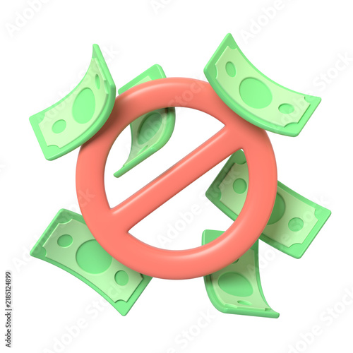 Картината върху платно 3d render of red prohibition sign surrounded by falling green paper currency bills isolated on finance wealth restriction ban concept financial loss stop
