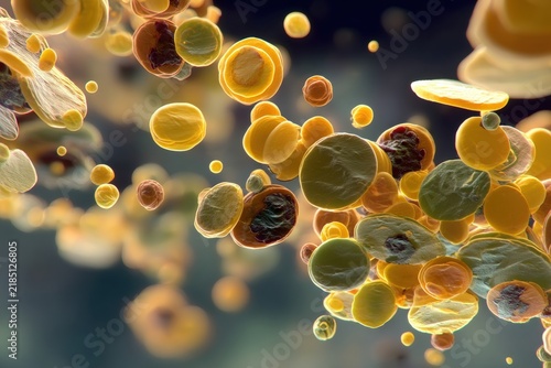 Abstract visualization of various suspended biological cells under magnification