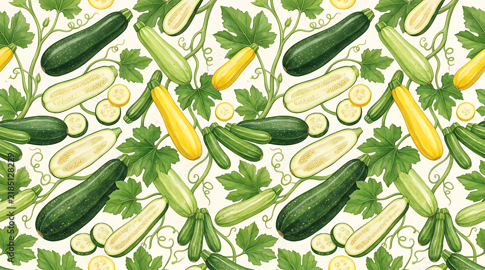 Zucchini seamless pattern vector illustration with green and yellow squash, vines, and leaves