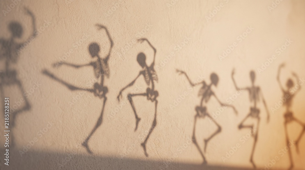Obraz premium Multiple dancing skeleton shadows projected on beige wall in movement poses, creative Halloween celebration concept, spooky group dance silhouettes creating creepy dark festive background decor.