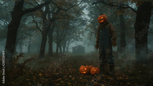 Halloween pumpkin scarecrow in overalls standing in dark foggy autumn forest, created with generative ai.